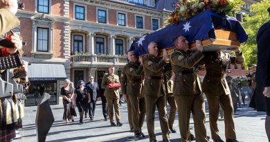 Australian Army soldiers form a Bearer Party outside St George's Cathedral in Perth to carry Arthur Leggett's casket inside for his State Funeral. From left, WO1 Ian Hallt, WO1 Brad Foster and WO1 Bruce Williams. Story by Captain Alasdair Dolan. Photos by Corporal Nakia Chapman.