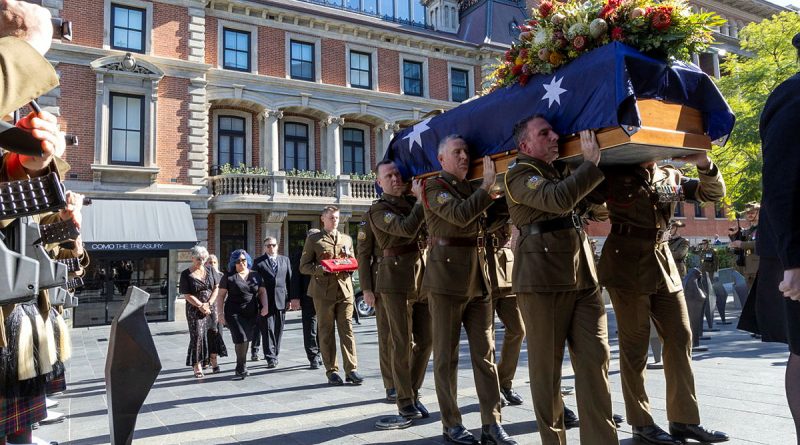 Australian Army soldiers form a Bearer Party outside St George's Cathedral in Perth to carry Arthur Leggett's casket inside for his State Funeral. From left, WO1 Ian Hallt, WO1 Brad Foster and WO1 Bruce Williams. Story by Captain Alasdair Dolan. Photos by Corporal Nakia Chapman.