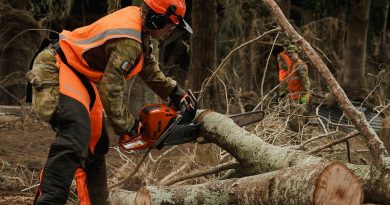 Army Reserve soldiers from 5th Brigade, deployed as part of Joint Task Force 629, clear debris to support the NSW State Emergency Service-led flood response in Wingham Brush Nature Reserve. Story by Captain Karam Louli. Photos by Corporal Adam Abela.