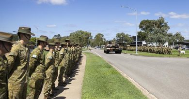 Brigadier Dave McCammon and W02 Robert Munro conduct a lap of 3rd Brigade in an M1A2 at Lavarack Barracks, Townsville, Queensland. Photo by Private Jess Gray.
