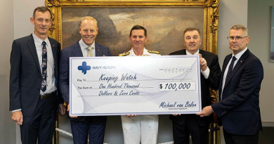 Chief of Navy Vice Admiral Mark Hammond accepts a cheque on behalf of Keeping Watch, for $100,000 from Navy Health at Russell Offices, Canberra Story by Lieutenant Commander Naomi Deignan.