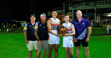 The NT ADF men's team holds the 2025 Anzac Shield with Commander 1st Brigade, Brigadier Doug Pashley, and Assistant Commissioner Matthew Hollamby, of the NT Police, Fire & Emergency Services, at TIO Stadium 2, Darwin. Story by Captain Nicholas Marquis. Photos by Corporal Madhur Chitnis.
