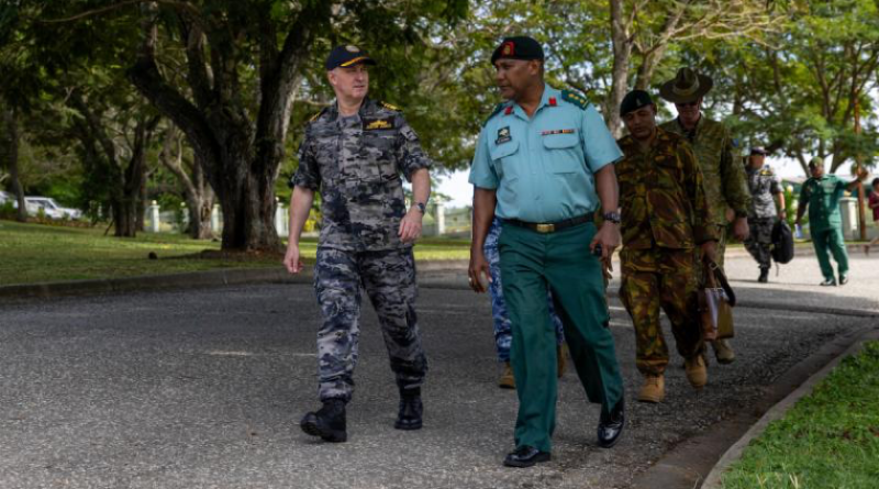 ADF Chief of Joint Operations Vice Admiral Justin Jones, left, speaks with Colonel Craig Solomon of the PNG Defence Force during a visit to Murray Barracks in Port Moresby. Story and photos by Corporal Michael Rogers.