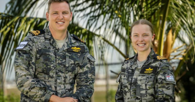 Lieutenant Barton Heeney, of Fleet Aviation, and Lieutenant Jacqui Heeney, of Fleet Cyber Unit, at Headquarters Integrated Area Defence System during Exercise Bersama Shield 2025. Story and photo by Corporal Jacob Joseph.