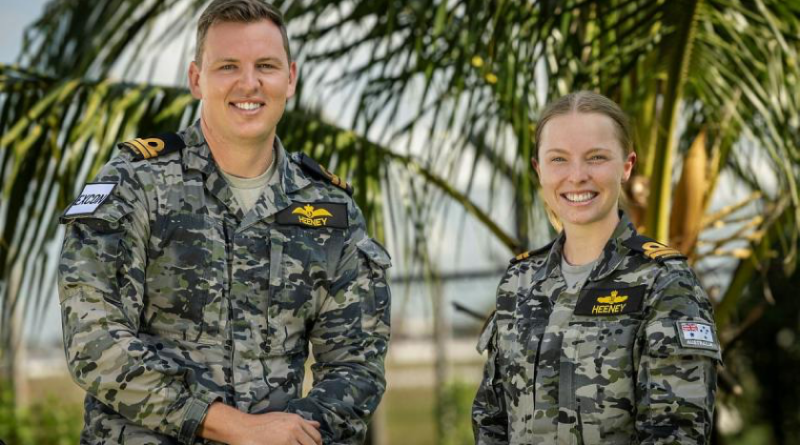 Lieutenant Barton Heeney, of Fleet Aviation, and Lieutenant Jacqui Heeney, of Fleet Cyber Unit, at Headquarters Integrated Area Defence System during Exercise Bersama Shield 2025. Story and photo by Corporal Jacob Joseph.