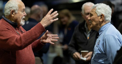 Fighterworld general manager, Air Commodore (retd) Jack Fanderlinden, right, listens as Wing Commander (retd) Hugh Holt recalls flying Hercules aircraft with him in 37 Squadron during the Vietnam War. Story by Flight Lieutenant Julia Ravell. Photo by Leading Aircraftman Kurt Lewis.
