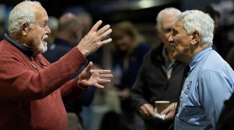 Fighterworld general manager, Air Commodore (retd) Jack Fanderlinden, right, listens as Wing Commander (retd) Hugh Holt recalls flying Hercules aircraft with him in 37 Squadron during the Vietnam War. Story by Flight Lieutenant Julia Ravell. Photo by Leading Aircraftman Kurt Lewis.