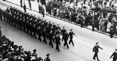 10 Squadron marches in a Victory in Europe Day parade on May 9, 1945, in Plymouth, United Kingdom. Story by Rosalind Turner.