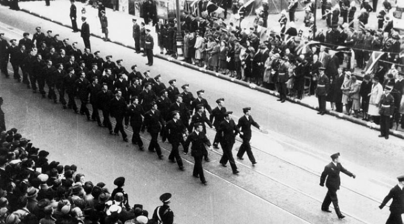 10 Squadron marches in a Victory in Europe Day parade on May 9, 1945, in Plymouth, United Kingdom. Story by Rosalind Turner.