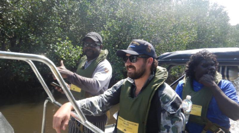 Able Seaman Sean Lee, of ADV Cape Fourcroy, works with Mardbalk Marine Rangers Ralstin Djurloin and Runeil Mauruli during a joint patrol along the Arnhem coast. Story by Lieutenant Harrison Wakeling. Photos from ADV Cape Fourcroy.