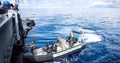 HMAS Sydney's boarding team conducts boarding training on the Royal Malaysian Navy ship KD Terengganu during Exercise Bersama Shield 2025. Photo by Leading Seaman David Cox.
