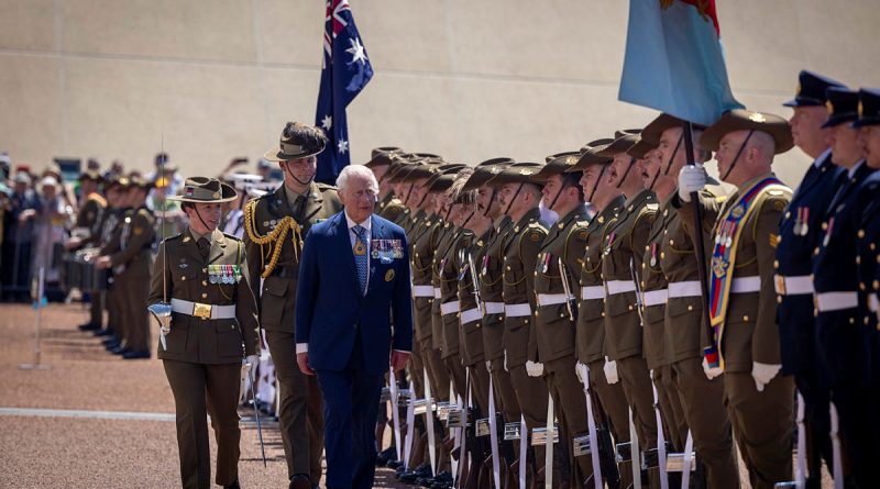 His Majesty King Charles III inspects Australia's Federation Guard at Parliament House in Canberra on 21 October 2024. Photo by Nicole Minkowski.