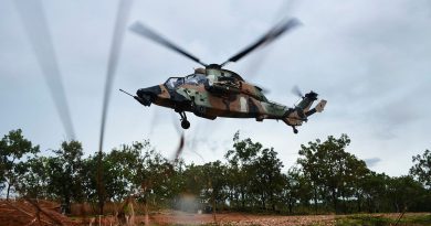 An Australian Army ARH Tiger, of 1st Aviation Regiment, hovers over the Kangaroo Flats Training Area during Exercise Griffin Walk. Story and photos by Captain Tadek Markowski.
