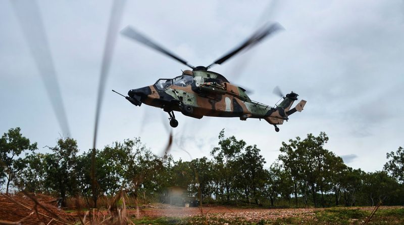 An Australian Army ARH Tiger, of 1st Aviation Regiment, hovers over the Kangaroo Flats Training Area during Exercise Griffin Walk. Story and photos by Captain Tadek Markowski.