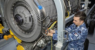 Aircraft technician Corporal Samuel Perrin, of 3 Squadron, conducts acceptance testing on the Integrated Training Centre F-35A engine training aids received from the US. Story by Corporal Michael Rogers. Photos by Corporal Cath Kelly.
