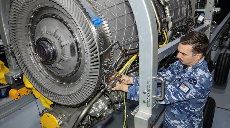 Aircraft technician Corporal Samuel Perrin, of 3 Squadron, conducts acceptance testing on the Integrated Training Centre F-35A engine training aids received from the US. Story by Corporal Michael Rogers. Photos by Corporal Cath Kelly.