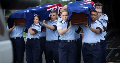 Royal Australian Air Force personnel from Australia's Federation Guard and 100 Squadron carry the caskets of Warrant Officer Russell Grigg and Warrant Officer Clement Wiggins in Port Moresby, PNG. Story by Squadron Leader Karyn Markwell. Photos by Leading Aircraftwoman Aiesha Katz-White.