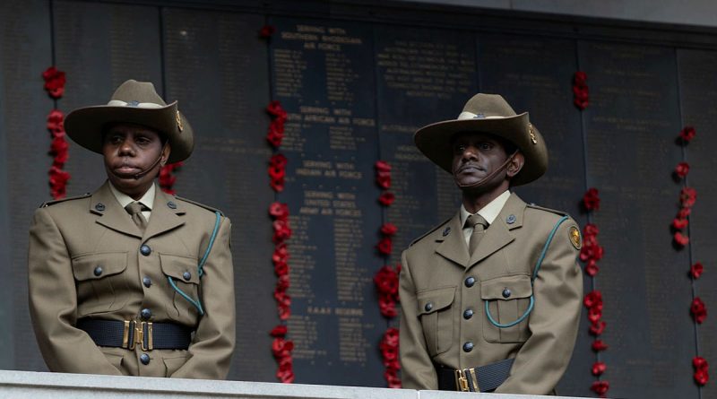 Private Arianna Yunkaporta and Private Irwin Yunkaporta, of 51st Battalion, Far North Queensland Regiment, attend a Last Post ceremony at the Australian War Memorial, Canberra. Photos by Corporal Jarrod Moreels.