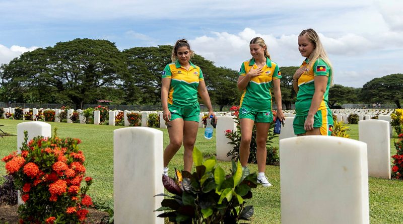 Left to right, Corporal Lowana McDougall, Aircraftwoman Emily Harman, and Private Hope Hutchins from the Australian Defence Force Women's Rugby League team pay respects at the Bomana War Cemetery in Port Moresby, PNG. Story by Captain Jon Stewart. Photos by Corporal Nakia Chapman.
