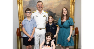Commodore Dan Sutherland with his family, wife Rita and children Edward, Juliet and Evie. Story by Lieutenant Felicity Jevardat de Fombelle.