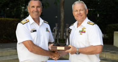 Deputy Chief of Navy, Rear Admiral Matt Buckley, receives the 'Weight' of office on handover from Commodore Eric Young at Russell Offices, Canberra. Story by Lieutenant Carolyn Martin. Photo by Leading Seaman Jarrod Mulvihill.