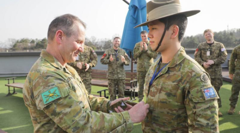 Australian Army soldier Corporal Hyun Kim is promoted by Commander 1st (Australian) Division, Major General Ash Collingburn during Exercise Freedom Shield at Camp Yongin, Republic of Korea. Story by Captain Cody Tsaousis. Photos by Sergeant Won Kyu Jeon (Republic of Korea).
