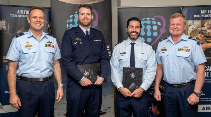 From left, Air Marshal Stephen Chappell, Corporal Matthew Thornton, Flight Lieutenant Edwin Betar and Warrant Officer – Air Force Ralph Clifton at the Air Force writing awards presentation. Story by Squadron Leader Sacha Mondon. Photos by Flight Sergeant Kev Berriman.