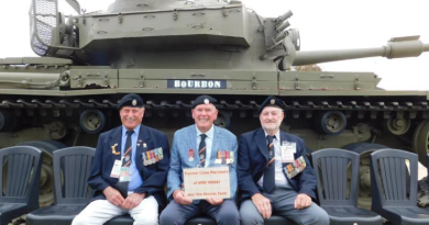 From left, former crew members of Centurion 169041, Barry Hodges, Graham Munsell and Ray Arthur out the front of 1st Armoured Regiment at RAAF Base Edinburgh. Story by Corporal Jacob Joseph. Photo by Chris and Jan Fenton.