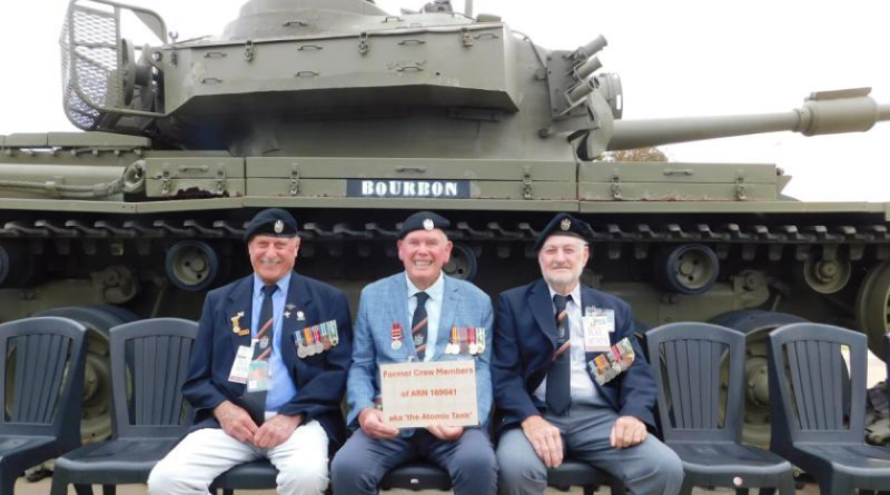 From left, former crew members of Centurion 169041, Barry Hodges, Graham Munsell and Ray Arthur out the front of 1st Armoured Regiment at RAAF Base Edinburgh. Story by Corporal Jacob Joseph. Photo by Chris and Jan Fenton.