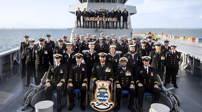 Commissioning crew of NUSHIP Arafura before the ship was formally commissioned as HMAS Arafura, at Fleet Base West in Western Australia. Photo by Able Seaman Connor Morrison.