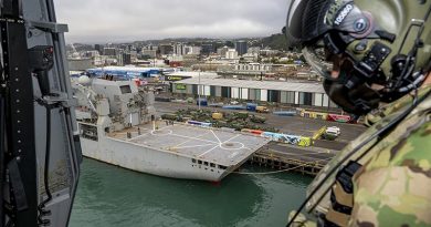 One of three New Zealand NH-90 helicopters to be deployed on Ex Talisman Sabre 25 approached for embarkation on HMNZS Canterbury to sail for Australia. NZDF photo.