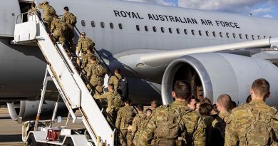 Australian Army Soldiers board a Royal Australian Air Force aircraft in support of Operation Beech, at RAAF Base Amberley, Queensland. Photo by Leading Aircraftman Campbell Latch.