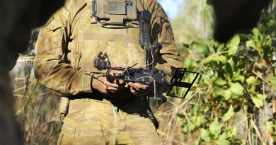 An Australian Army soldier from 1st Armoured Regiment briefs Chief of Army on some of his units new experimental fighting equipment in Shoalwater Bay training area in Queensland during Exercise Talisman Sabre 2025. Photo by Captain Joanne Leca.