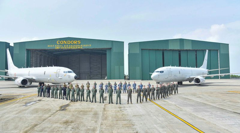 Captain Sumit Malik, Commanding Officer INAS 316, and Commodore Shiraz Azad, Commander of Indian Naval Station Hansa, Wing Commander Gary Rains, Air Adviser Australian High Commission New Delhi, and Squadron Leader Brennan Farrell, of 11 Squadron. Story by Squadron Leader Eamon Hamilton.