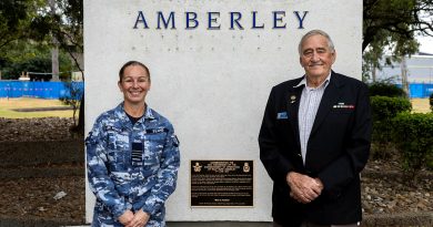 Wing Commander Tanya Evans with Warrant Officer (retd) George Hatchman, from the 23 Squadron Association, at the unveiling of RAAF Base Amberley's 85th Anniversary plaque. Story by Corporal Brett Sherriff. Photos by Leading Aircraftman Campbell Latch.
