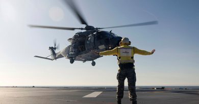 A Royal New Zealand Air Force NH90 aircraft lands on the flight deck of HMAS Canberra off the coast of Queensland. Story by Lieutenant Tahlia Merigan. Photos by Leading Seaman Connor Morrison.