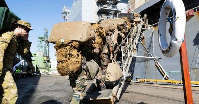 Personnel from the French Armed Forces and Australian Army embark HMAS Choules in Townsville, Queensland, in preparation for Exercise Talisman Sabre 2025. Story by Lieutenant Tahlia Merigan. Photo by Leading Seaman Lauren Pugsley.