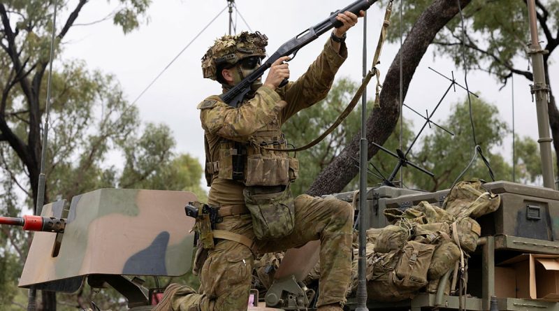An Australian Army soldier from the 3rd Battalion, the Royal Australian Regiment, takes a sight picture with an anti-drone gun during Exercise Talisman Sabre 2025 at Townsville Field Training Area. Story and photos by Corporal Luke Bellman.
