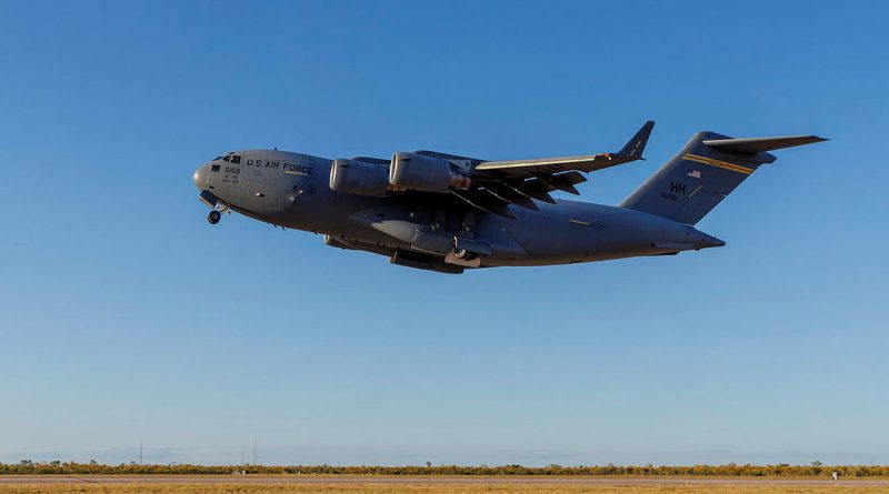 A US Air Force C-17A Globemaster III takes off from RAAF Base Curtin during Exercise Talisman Sabre 2025. Story and photo by Flight Lieutenant Deanna Ellick.