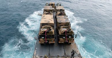HMAS Choules launches its mexefloat with Australian Army MAN HX77 trucks embarked to conduct amphibious operations as part of Exercise Talisman Sabre. Story by Lieutenant Tahlia Merigan. Photo by Leading Seaman Lauren Pugsley.