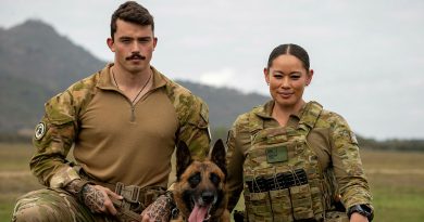 Royal New Zealand Air Force military working dog handler Aircraftman Dylan McClintock, left, and Keno, join Royal Australian Air Force Corporal Renee Cahill, from 27 Squadron Security Flight, at RAAF Base Townsville. Story by Flying Officer Casie Scott. Photos by Captain Chloe Ellwood.