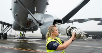Royal Australian Air Force aircraft technician Corporal Aisha Norton-O'Donnell inspects the advanced refuelling boom system of a 33 Squadron KC-30A multi-role tanker transport aircraft, during air-to-air refuelling trials with the US Air Force. Story by Flight Lieutenant Grace Casey-Maughan. Photos by US Air Force.