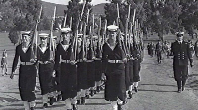 The Navy detachment from Harman Naval Station marches to the parade ground at the Australian War Memorial on Anzac Day in 1951. Story by Leading Seaman Nadav Harel. Photo from Australian War Memorial 134448.