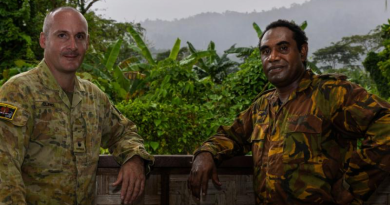 Australian Army officer Major Liam Clarke, from 3rd Combat Engineer Regiment, and Papua New Guinea Defence Force officer Captain Cyril Gerari, from Igam Barracks Engineer Battalion, on Exercise Puk Puk, in Lae, Papua New Guinea. Story by Major Diana Jennings. Photos by Lance Corporal Caitlyn Davill.
