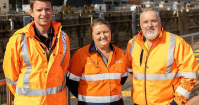 Regional Maintenance Provider - East representative Chris Gaskin, Veolia representative Linda Gater and Regional Maintenance Centre - East representative Cris Cicuta, at Fleet Base East, Sydney. Story by Captain David Sippel. Photo by Leading Seaman Lauren Pugsley.