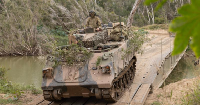 Australian Army heavy vehicles cross a Dry Support Bridge built by soldiers from the 3rd Combat Engineer Regiment during Talisman Sabre 2025 at Townsville Field Training Area. Story and photos by Corporal Luke Bellman.