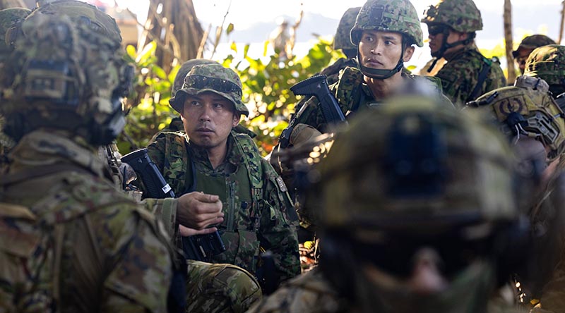 Japan Ground Self-Defense Force personnel attached to the Australian Amphibious Force - Amphibious Task Group 1 (ATG-1) participate in Wet and Dry Environmental Rehearsals (WADER) from HMAS Canberra during Exercise Talisman Sabre 2025 in the Cowley Beach Training Area, Queensland. Photo by Leading Seaman Connor Morrison.