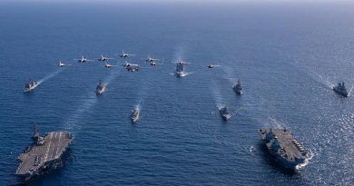 HMAS Sydney transits as part of the double carrier formation, UK Carrier Strike Group, led by HMS Prince of Wales and US Navy’s George Washington Carrier Strike Group, during Exercise Talisman Sabre 2025. Photographer unknown.