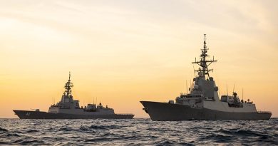 HMAS Sydney (left) and Spanish Navy frigate Mendez Nunez conduct officer of the watch manoeuvres during Regional Presence Deployment 25-2. Photo by Leading Seaman David Cox.