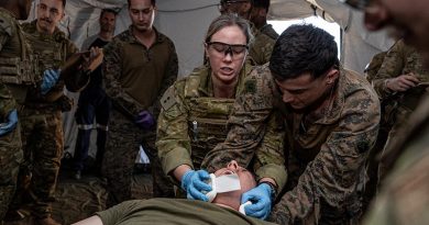 Australian Army nursing officer Lieutenant Martina Sydenham from 3rd Health Battalion monitors vital signs of a simulated casualty at Bradshaw Field Training Area in the Northern Territory during Exercise Talisman Sabre 2025. Photo by Corporal Jacob Joseph.